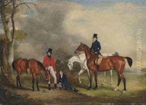 Portrait Of Captain James Ogilvy
Fairlie Of Coodham, Full-length, In Hunting Dress, With His Grooms John
Jennay And Cooper, And His Hunters by John Snr Ferneley