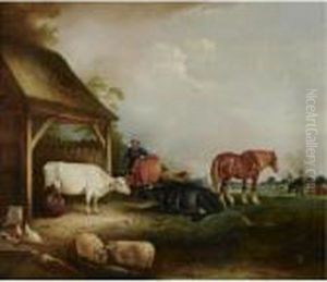 A Herdsman With Cattle, Sheep And Chickens by John Snr Ferneley