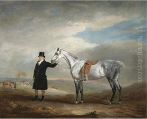 Lord Herbert's Grey Mare Being Held By A Groom, A Hunt Beyond by John Snr Ferneley