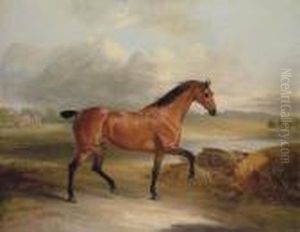 A Bay Hunter In A Landscape With A Lake And House Beyond A Bay Hunter In A Landscape With A Lake And House Beyond