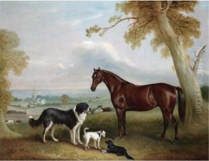 A Chestnut Hunter And Three Dogs
Belonging To William Brewitt In A Landscape With A Steam Train And Two
Churches In The Distance by John Snr Ferneley