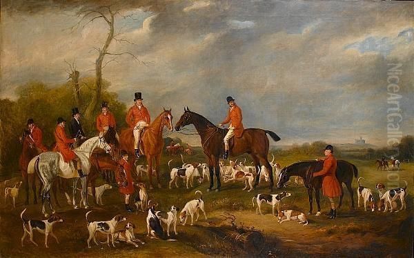 Sir Richard Sutton Bart, And His
Hounds, With Portraits Of Gentlemen Of The Burton Hunt, Lincoln
Cathedral In The Distance - view 1