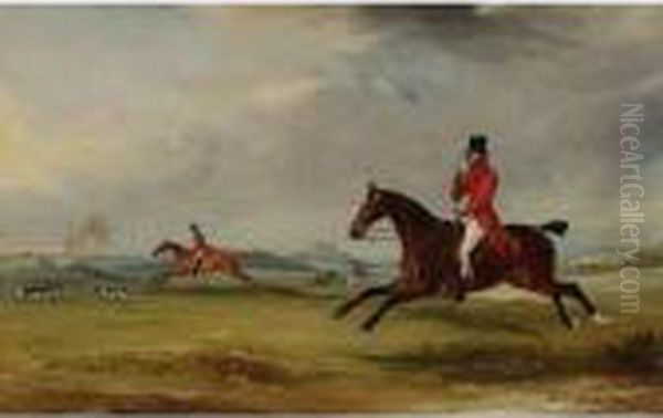 Lord Robert Manners On Benefit,
Lord Charles On Featherlegs, And The Duke Of Rutland Hunting Near
Belvoir Castle - view 1