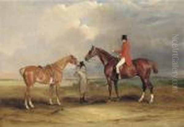 Portrait Of John Drummond On A
Hunter, With A Groom Holding His Second Horse, In A Landscape, A Hunting
Party Beyond - view 1