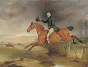 Portrait Of George Marriot On His Bay Hunter Taking A Fence With A Hunt Beyond by John Snr Ferneley