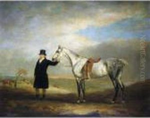 A Grey Mare Held By A Groom Wearing A Blue Coat, A Hunt Beyond