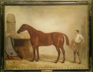A Bay Racehorse With A Groom In A Stable by John Snr Ferneley