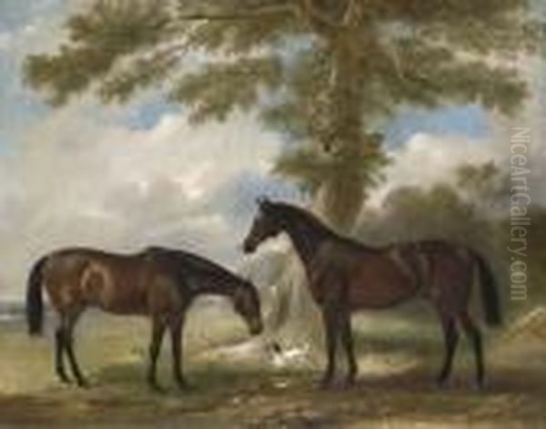Two Bay Mares With A Terrier By A Tree, In A Landscape - view 1