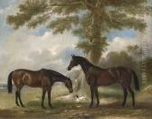 Two Bay Mares With A Terrier By A Tree, In A Landscape by John Snr Ferneley