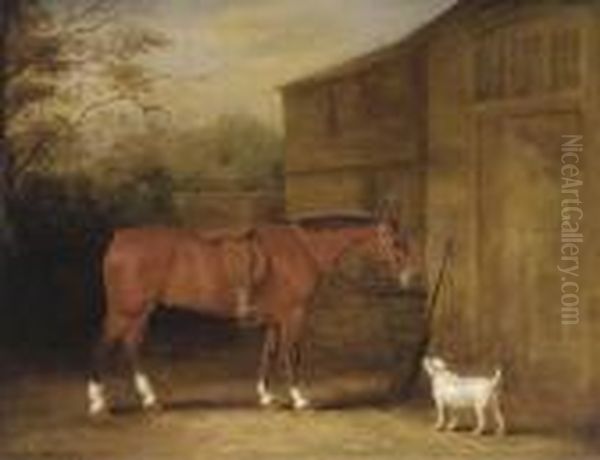 A Bay Hunter And A Dog Outside A Stable - view 1
