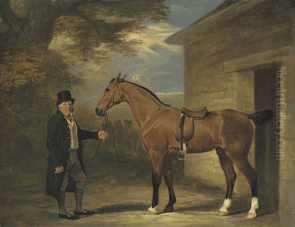 A Gentleman With A Bay Hunter Outside A Stable - view 1