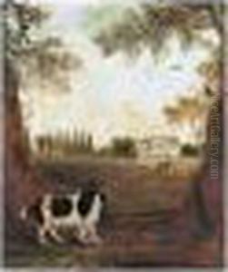 A King Charles Spaniel In A Park, A Country House Beyond by John Snr Ferneley