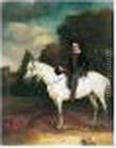 A Boy Seated On His Grey Pony In A Landscape, A Church Beyond