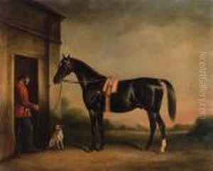 Vitellus, A Black Hunter, Held By A Groom, With A Dog Outside Astable Vitellus, A Black Hunter, Held By A Groom, With A Dog Outside Astable