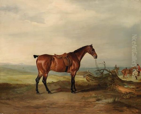 A Saddled Bay Hunter, In An Extensive Landscape, With Huntsmen Andhounds Beyond - view 1