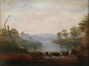 A Fisherman By A River At Twilight, Ruins Beyond