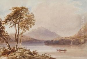 Lake View With Distant Mountain And Small Boats Lake View With Distant Mountain And Small Boats