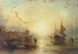 Unloading The Catch At Dusk Off A Fortified Port by Anthony Vandyke Copley Fielding