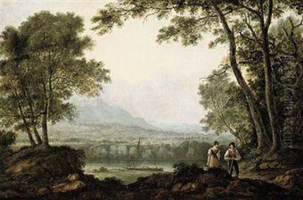 Two Figures In A Landscape, Overlooking A River With A Town Andmountains Beyond - view 1