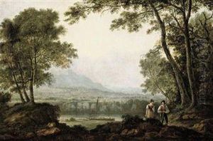 Two Figures In A Landscape, Overlooking A River With A Town Andmountains Beyond by Anthony Vandyke Copley Fielding