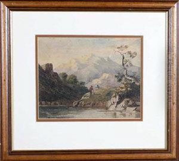 Two Figures At A Lakeside With A Range Of Hills Beyond - view 1