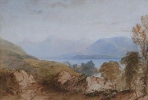 Lake Scene With Mountains In The Background, Rocks And Trees To The Fore by Anthony Vandyke Copley Fielding