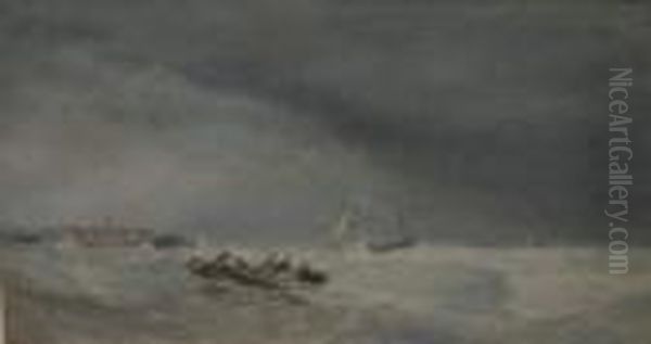 Figures In A Row Boat In Choppy
Seas, A Sailing Vessel In Distress In Background, Town On The Shore In
The Distance - view 1