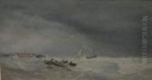 Figures In A Row Boat In Choppy
Seas, A Sailing Vessel In Distress In Background, Town On The Shore In
The Distance by Anthony Vandyke Copley Fielding
