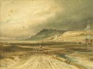 Extensive Estuary Landscape With Figures And Cart, A Church Beyond by Anthony Vandyke Copley Fielding