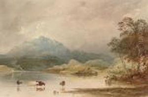 Cows Wading Through A Lake, A 
Mountain Beyond (illustrated); Andtwo Men Dragging A Dinghy Ashore, A 
House Beyond