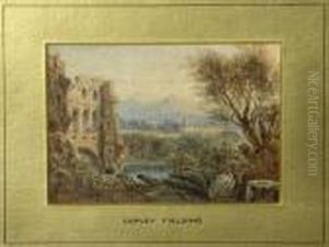 A Ruined Abbey Close To A River 
Withtwo Figures In The Foreground, With A Village And Mountains In 
Thebackground by Anthony Vandyke Copley Fielding