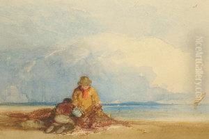 Fishermen On A Shore With Shippingbeyond by Anthony Vandyke Copley Fielding