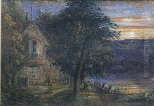 A Sunset Scene With Riverside House by Anthony Vandyke Copley Fielding
