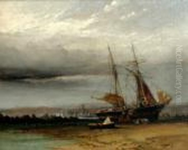 Unloading A Beached Vessel Before A City - view 1