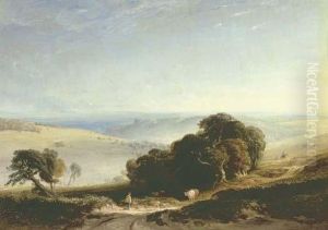 A View Of The South Downs With A Drover In The Foreground, Arundel Castle Beyond by Anthony Vandyke Copley Fielding