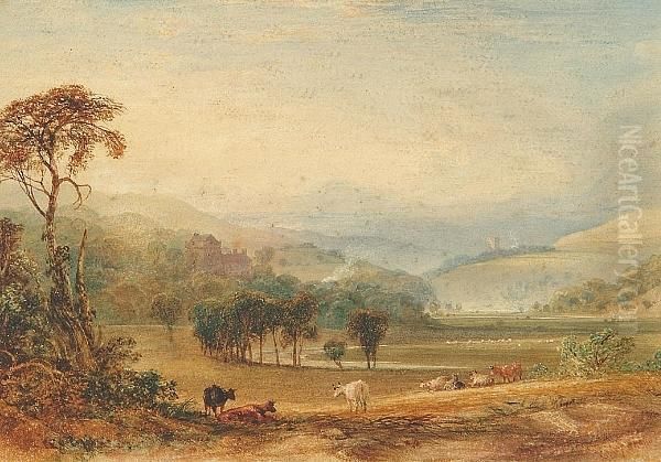 An Extensive River Landscape
With Cattle Grazing In The Foreground, Sheep And Hills In The Distance - view 1