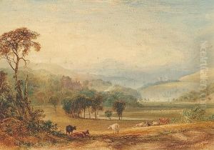 An Extensive River Landscape
With Cattle Grazing In The Foreground, Sheep And Hills In The Distance by Anthony Vandyke Copley Fielding