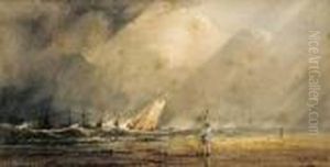 A Figure Standing On A Beach With Shipping Beyond A Figure Standing On A Beach With Shipping Beyond