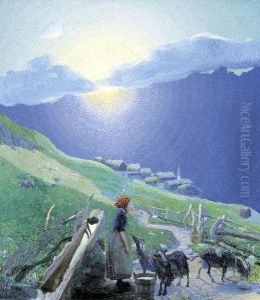 Hirtin Mit Ziegen Auf Der Alp Bei Aufgehender Sonne