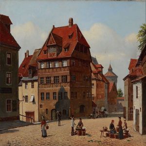Street Scene From Nuremberg With Albrecht Durer's House On Tiergartnertorplatz by August Fischer