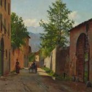 Italian Village With Cart And Woman