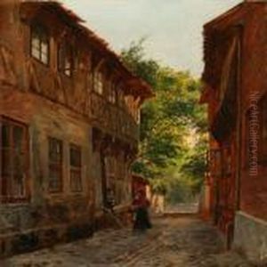 Scene From Ribe With A Woman And A Child On The Street by August Fischer