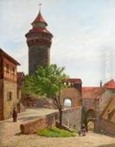People In A South European Town Scenery With A Round Tower. Signed Aug. Fischer 99 by August Fischer