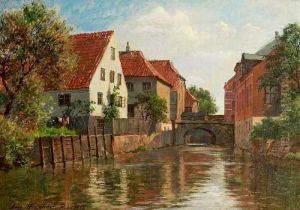 A Canal Scenery From The Town Of Ribe. Signed Aug. Fischer by August Fischer