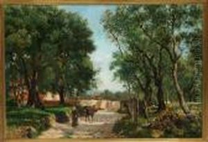 An Italian Country Woman Is Driving A Donkey Into A Grove by August Fischer