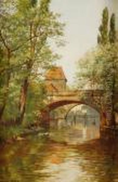 "canale A Norimberga - Il Ponte
Di Hallertor" Olio Su Tela Firmato E Datato 1903 In Basso A Sinistra.
In Cornice - view 1