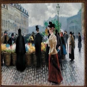 A Well-dressed Woman Passing The Flower Market At Hojbro Plads In Copenhagen by Paul-Gustave Fischer