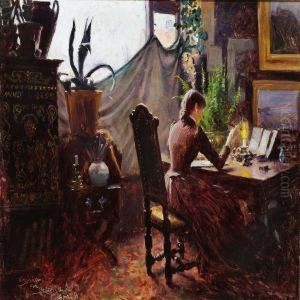 Interior With A Young Woman Sealing A Letter