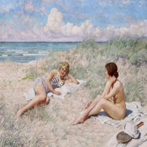 Two Young Women In The Sand Dunes, Hornb k by Paul-Gustave Fischer