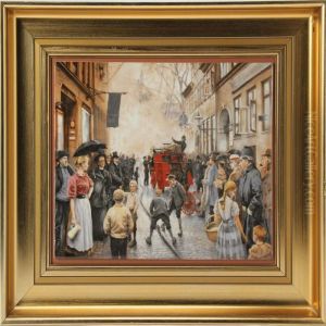Six Porcelain Plaques With Printed Decorations Incolours by Paul-Gustave Fischer
